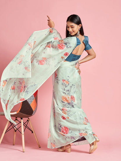 Women's Organza Turquoise Digital Print Designer Saree With Blouse Piece