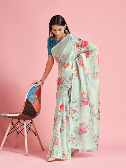 Women's Organza Turquoise Digital Print Designer Saree With Blouse Piece