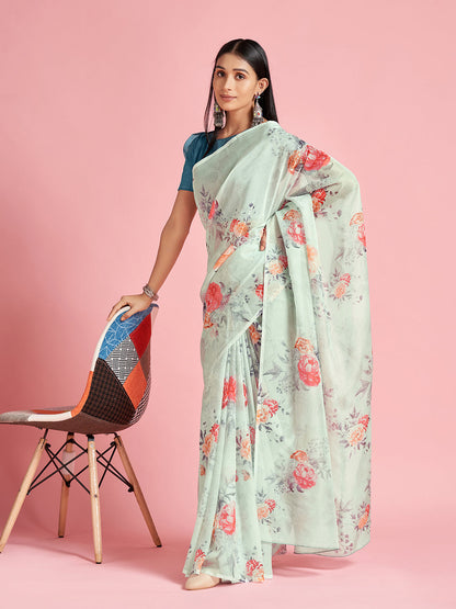 Women's Organza Turquoise Digital Print Designer Saree With Blouse Piece