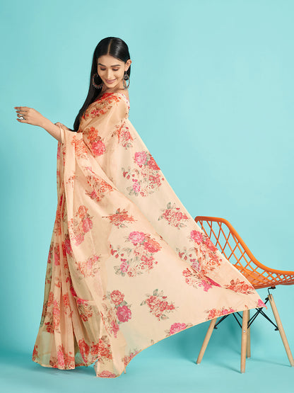 Women's Organza Cream Digital Print Designer Saree With Blouse Piece