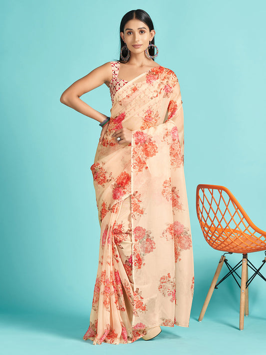 Women's Organza Cream Digital Print Designer Saree With Blouse Piece