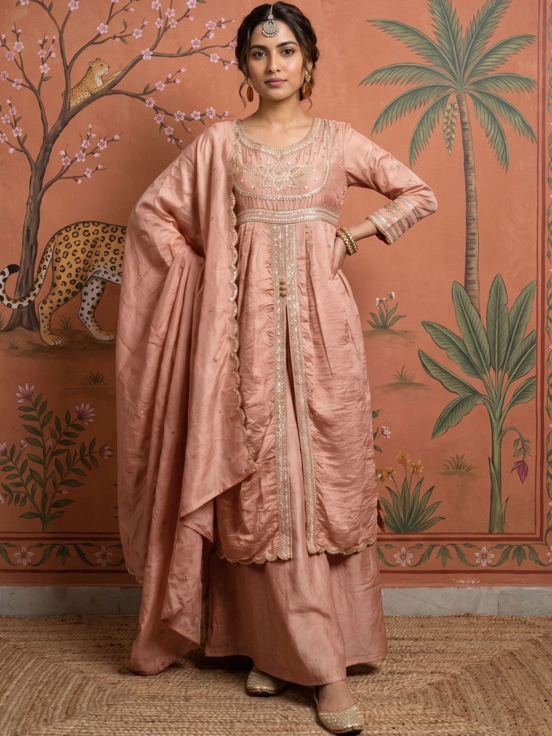Women Ethnic Motifs Embroidered Empire Sequinned Kurta with Palazzos & With Dupatta
