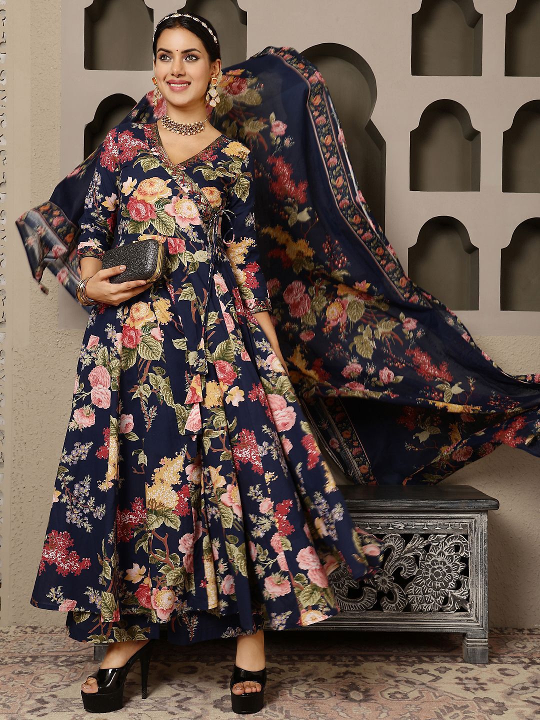 Dhiyona SN Women's Floral Printed Pure Cotton Anarkali Kurta with Palazzo & Dupatta