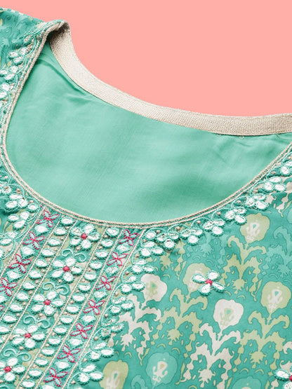 Dhiyona SN Ethnic Motifs Printed Mirror Work Pure Muslin A-Line Kurta With Sharara & Dupatta