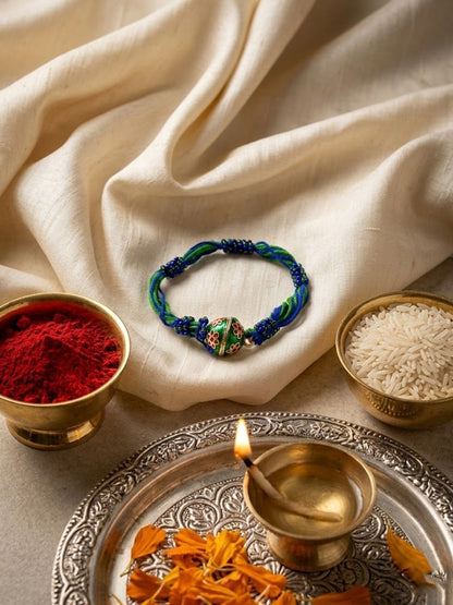 Dhiyona Magnetic Opening Blue Meenakari Work Thread Rakhi With Roli Chawal Chandan Mishri
