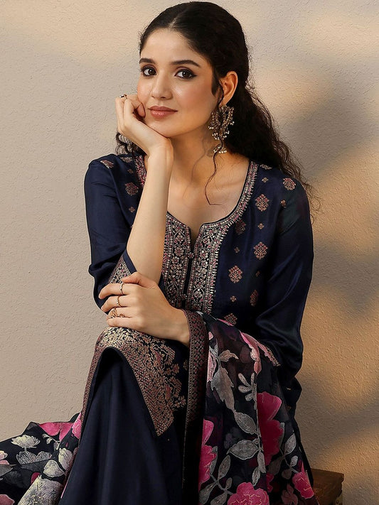Dhiyona LL Woven Design Thread Work Straight Kurta With Trousers & Dupatta