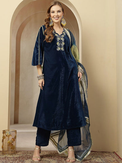 Embroidered A-Line Kurta With Trousers & Dupatta