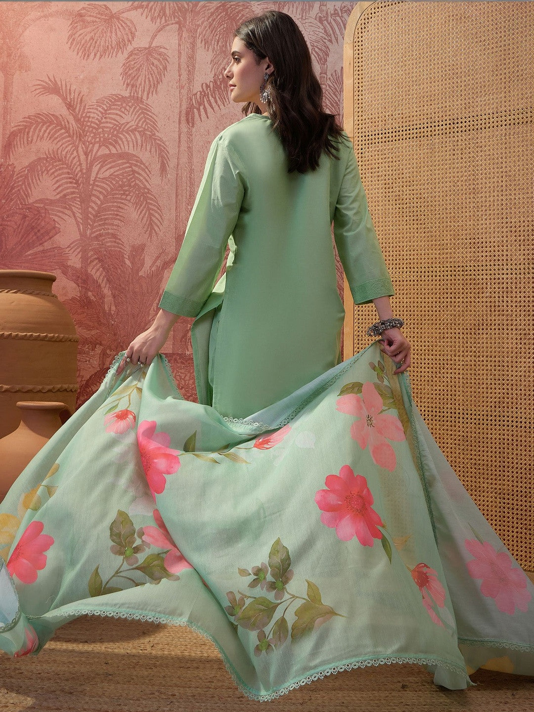 Printed Pure Cotton V Neck Kurta Sets