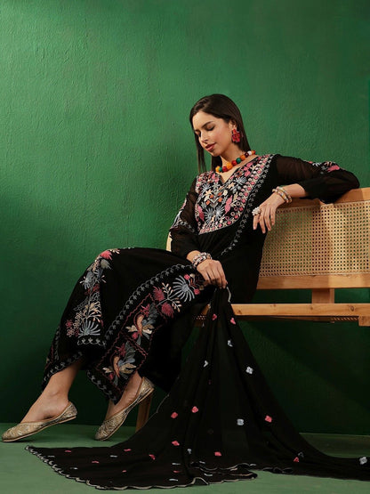 Dhiyona KL Floral Thread Work V-Neck Straight Kurta with Palazzos And Dupatta