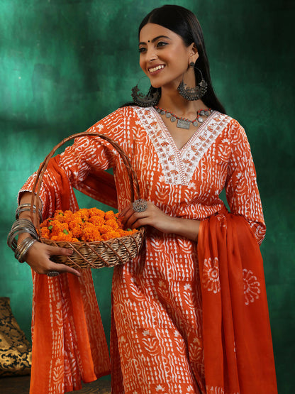 Women's LB Orange Printed Cotton Straight Suit With Dupatta