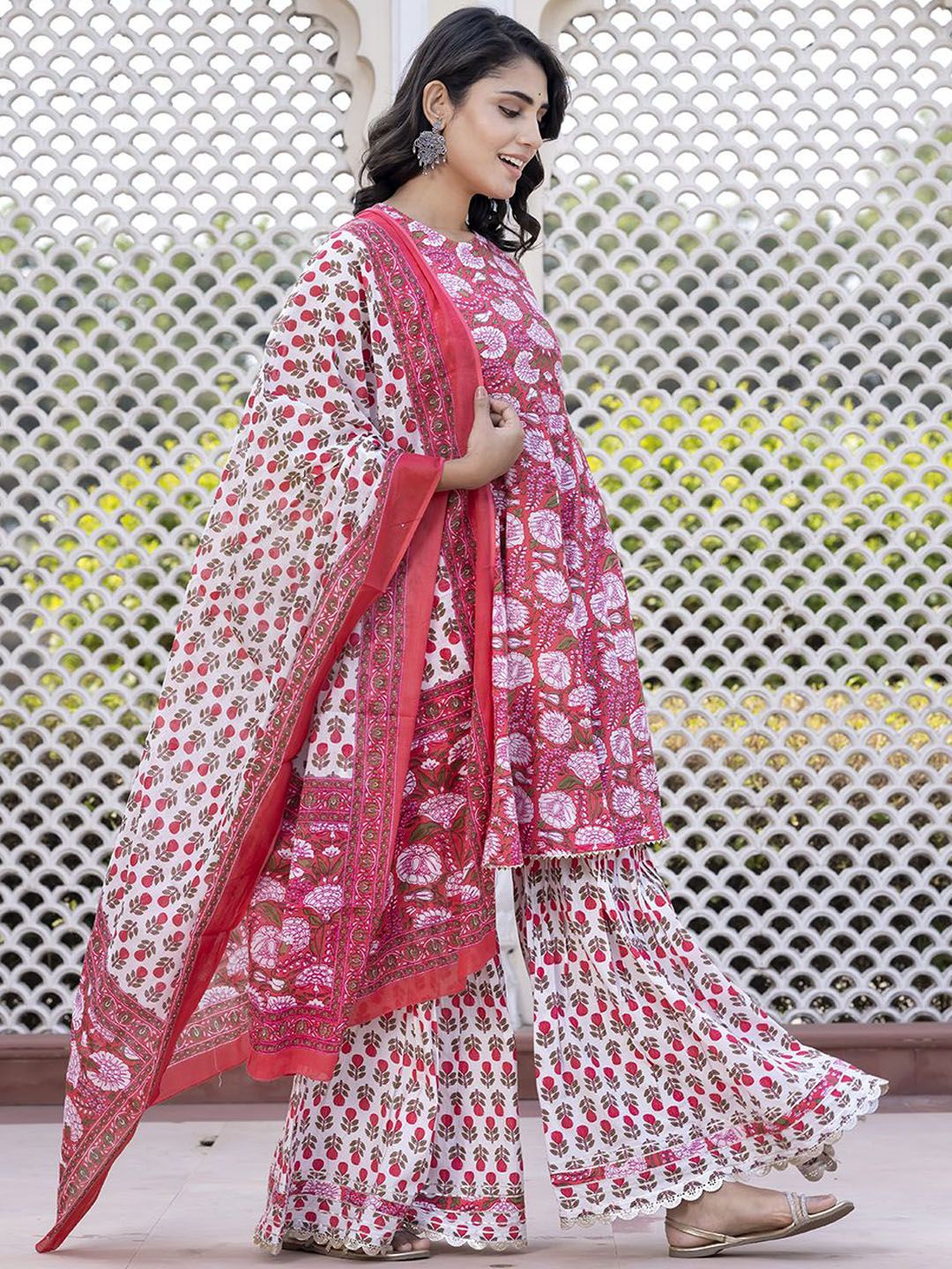 Dhiyona KL Floral Printed Anarkali Pure Cotton Kurta With Palazzos & Dupatta