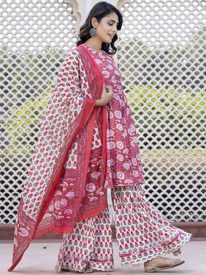 Dhiyona KL Floral Printed Anarkali Pure Cotton Kurta With Palazzos & Dupatta