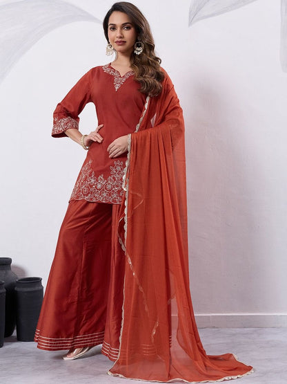 Dhiyona HOP Embroidered V-Neck Kurti Sharara & Dupatta