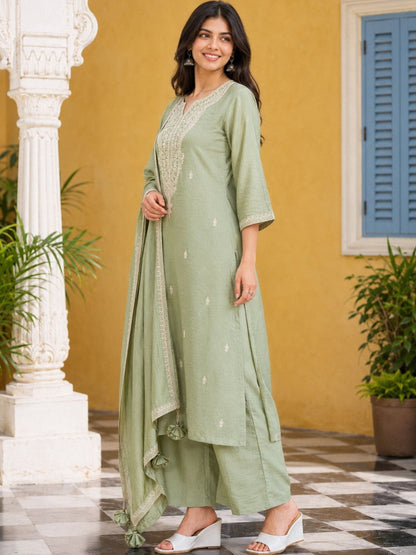 Women Ethnic Motifs Embroidered Regular Thread Work Kurta with Palazzos & With Dupatta