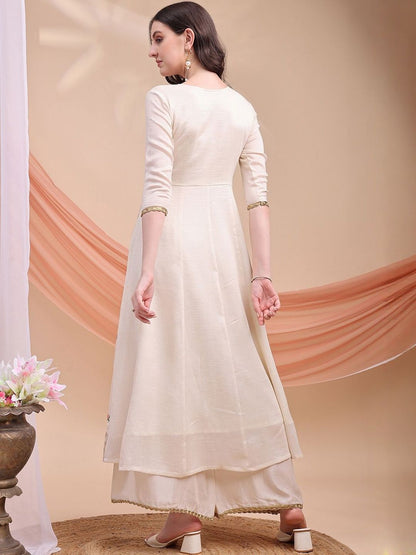 Dhiyona KL Floral Printed Thread Work Pure Silk Anarkali Kurta With Palazzos & Dupatta