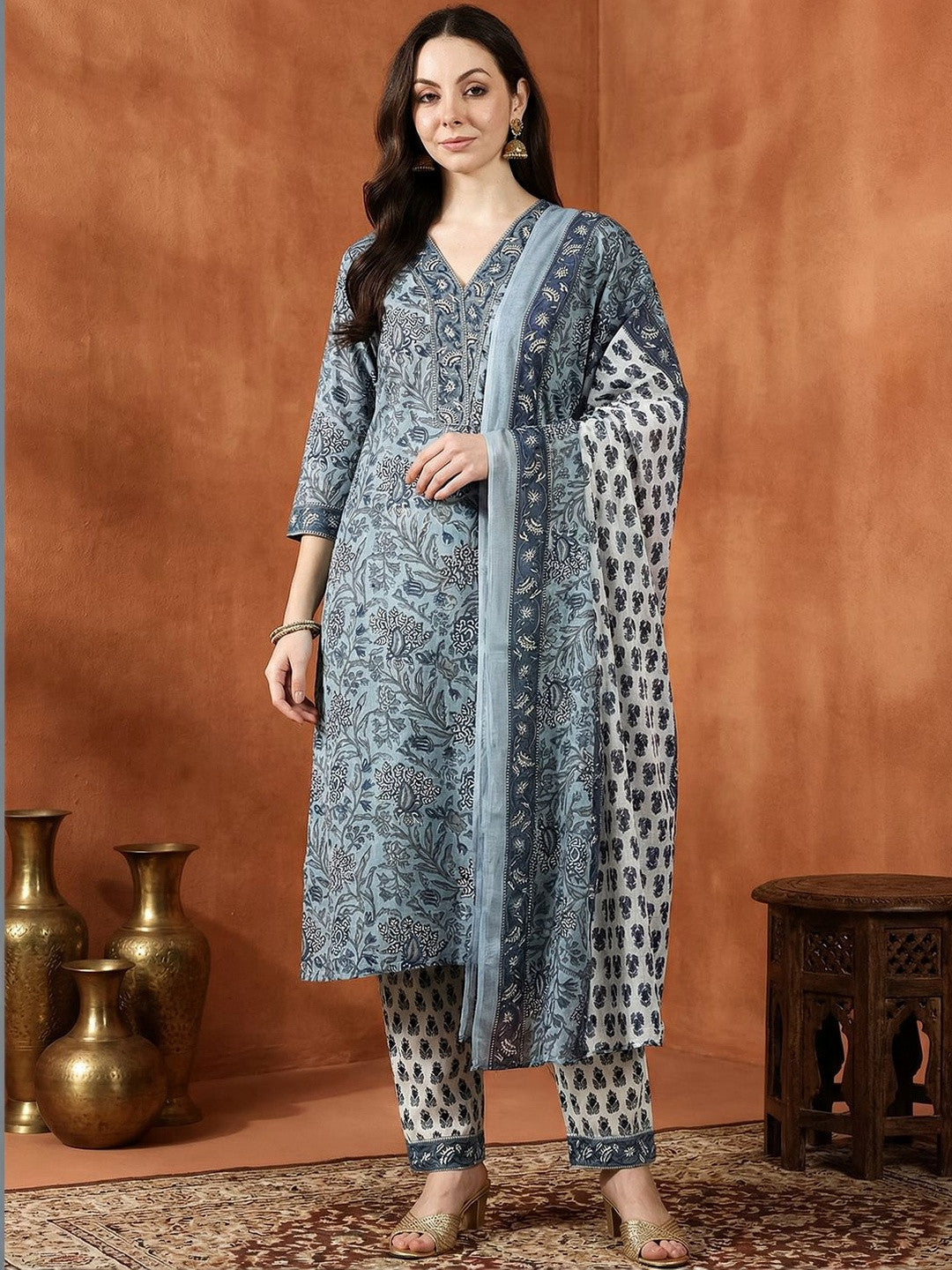 Women Ethnic Motifs Printed Regular Thread Work Pure Cotton Kurta with Trousers & With Dupatta