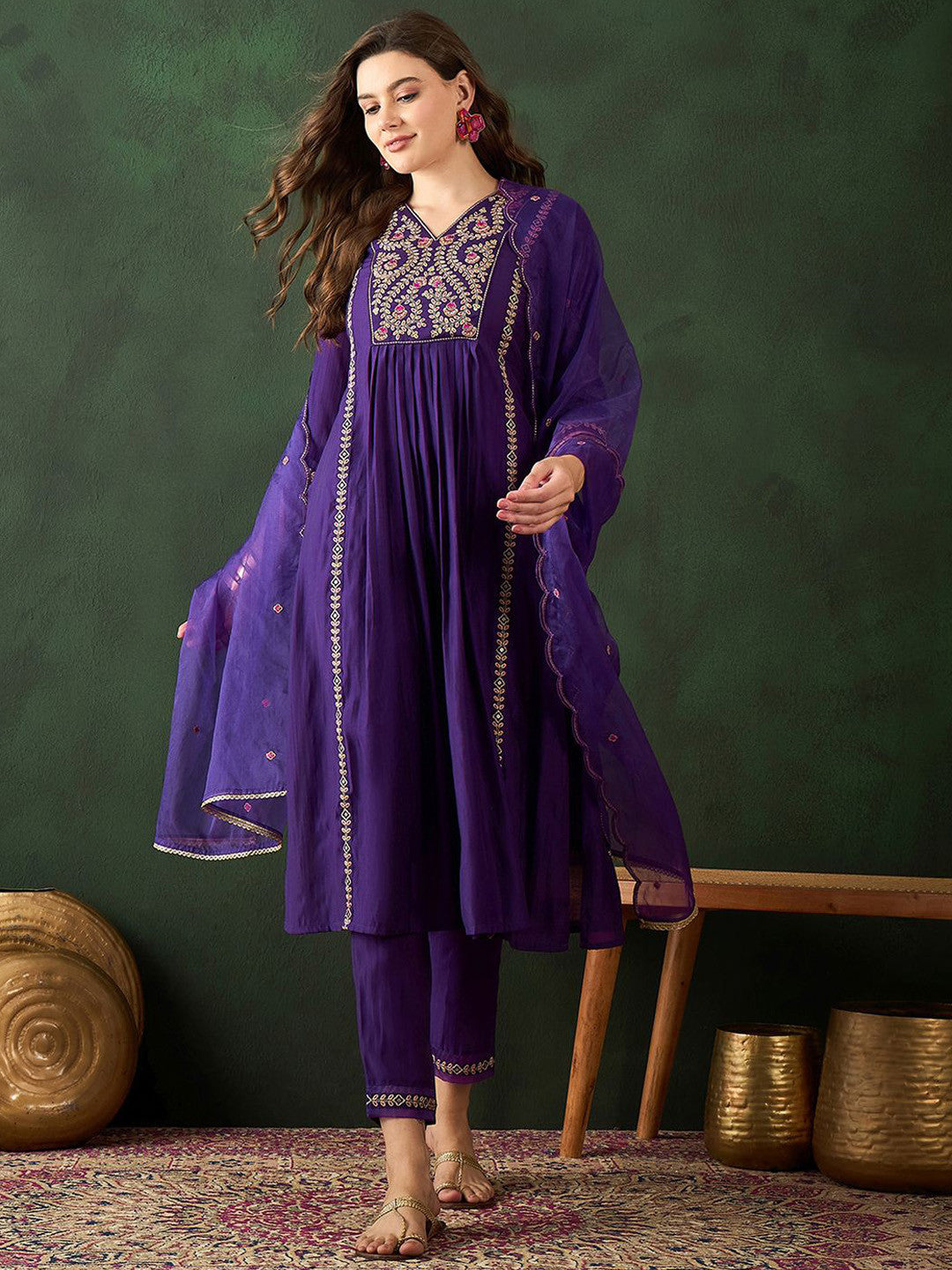 Dhiyona SN Women Embroidered A-Line Kurta Trousers & Dupatta