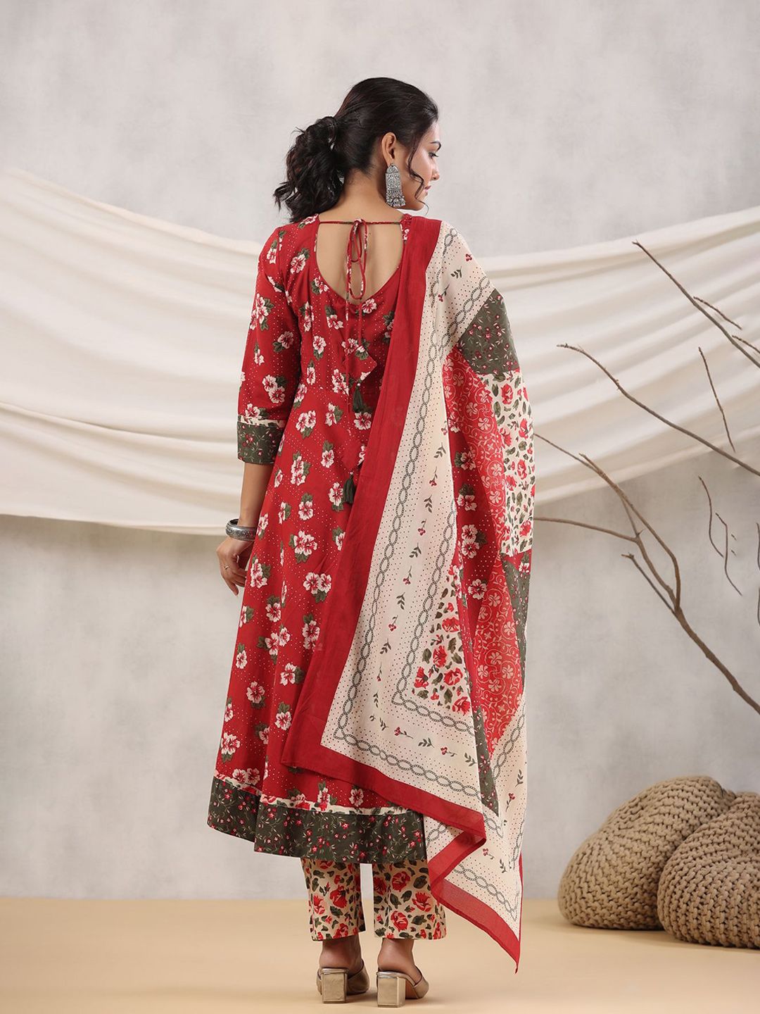 Dhiyona RR Women's Floral Printed Cotton A-Line Kurta with Palazzos & Dupatta