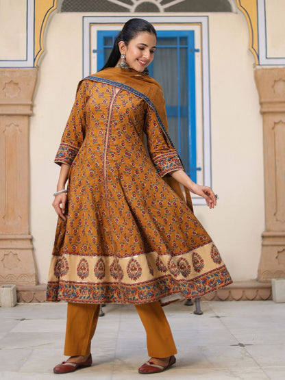 Dhiyona RR Women's Ethnic Motifs Printed Cotton Anarkali Kurta with Trousers & Dupatta