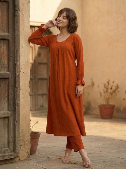 Rust Rust A Line Balloon Sleeve Kurta with Trouser