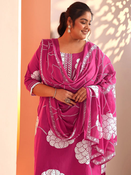 Dhiyona Women's Plus Size Floral Printed Regular Kurta with Trousers & Dupatta