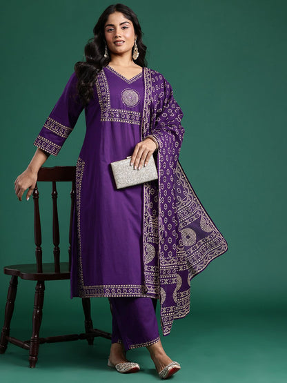 Dhiyona Women's Ethnic Motifs Print Mirror Work Pure Cotton Kurta with Palazzos & Dupatta