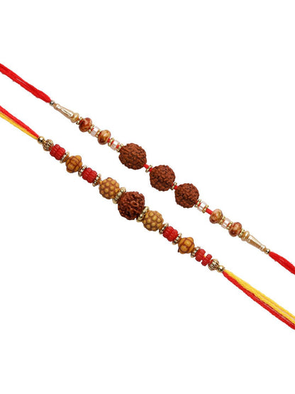 Dhiyona Set Of 2 Brown Rudaraksh-Beaded Rakhi With Roli Rice & Greeting Card