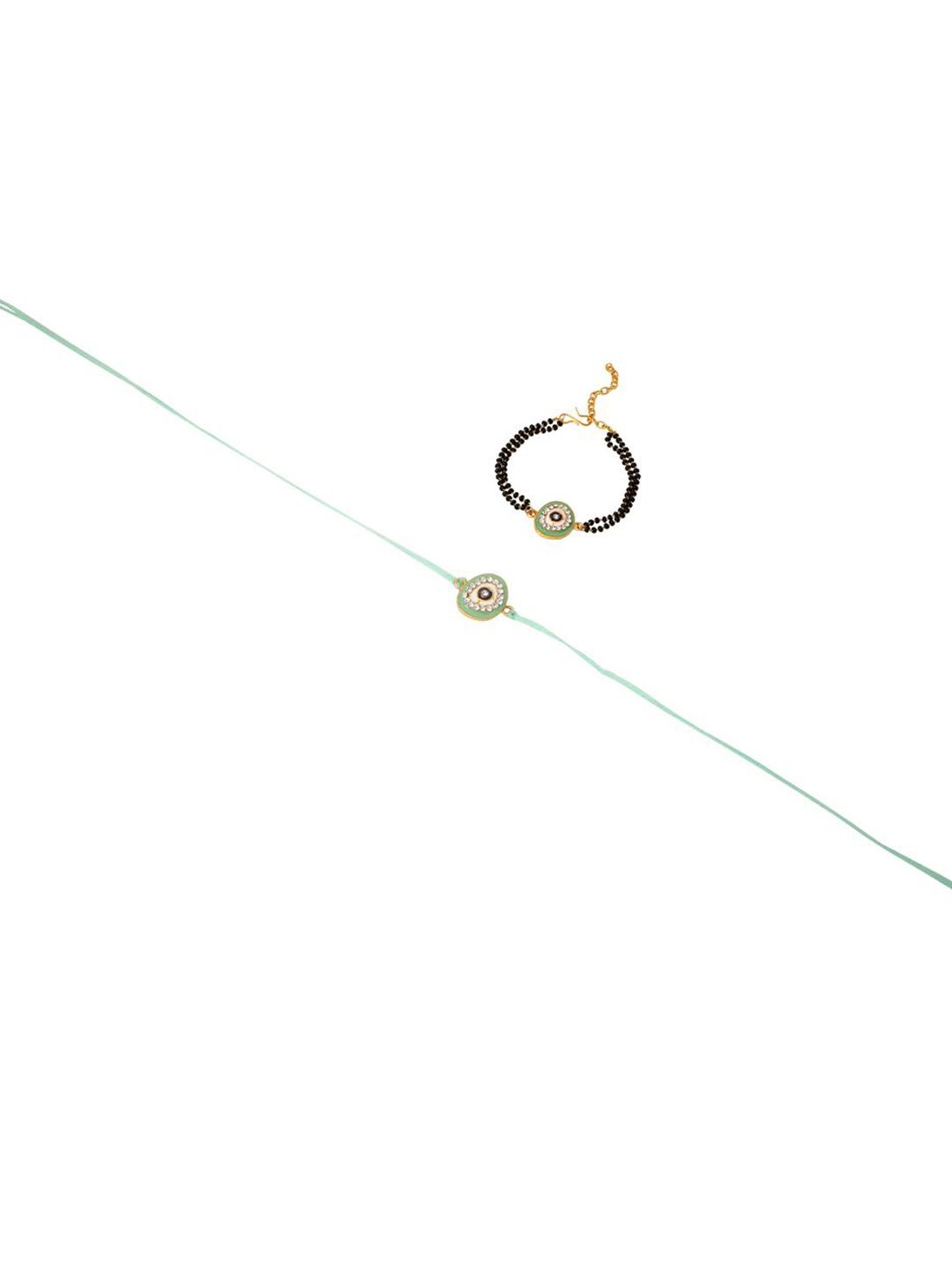 Dhiyona Set Of 2 Green Round Shape Artificial Stones Bhaiya Bhabhi Rakhi With Roli Chawal