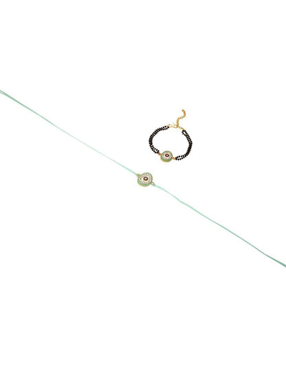 Dhiyona Set Of 2 Green Round Shape Artificial Stones Bhaiya Bhabhi Rakhi With Roli Chawal
