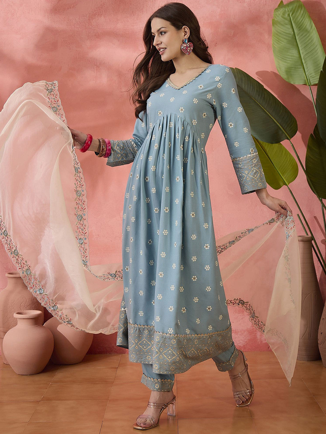 Bandhani Printed V-Neck Thread Work Anarkali Kurta Trousers & Dupatta