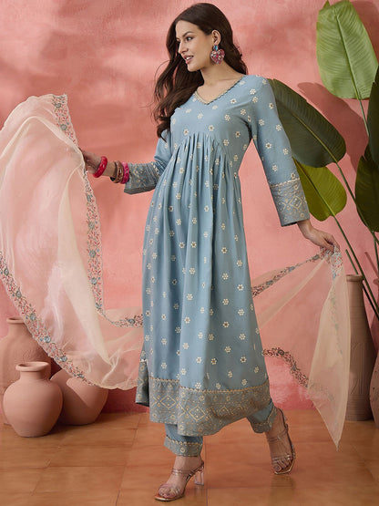 Bandhani Printed V-Neck Thread Work Anarkali Kurta Trousers & Dupatta