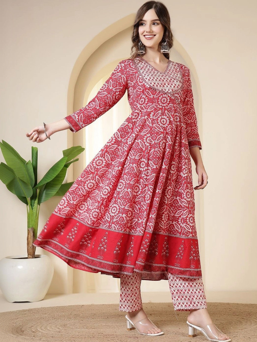 Women Ethnic Motifs Printed Empire Sequinned Pure Cotton Kurta with Trousers & With Dupatta