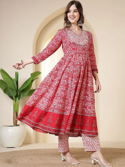 Women Ethnic Motifs Printed Empire Sequinned Pure Cotton Kurta with Trousers & With Dupatta