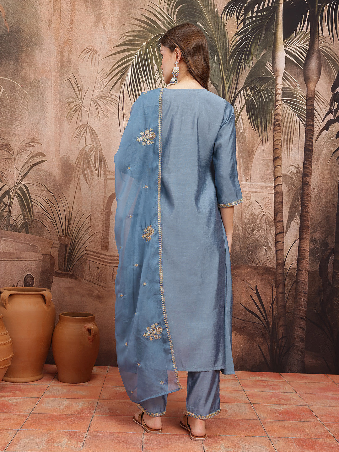 Ethnic Motifs Embroidered Sequinned V-Neck A-Line Kurta with Trousers & Dupatta