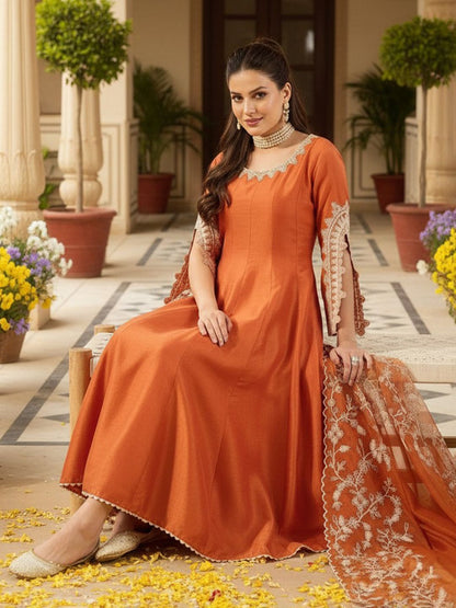 Dhiyona KL Embroidered Empire Thread Work Anarkali Kurta with Palazzos & Dupatta