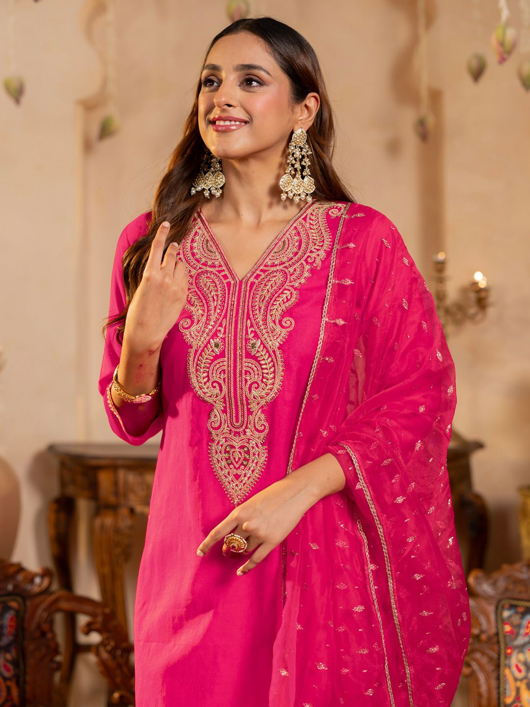 Women Ethnic Motifs Embroidered Regular Sequinned Kurta with Trousers & Dupatta