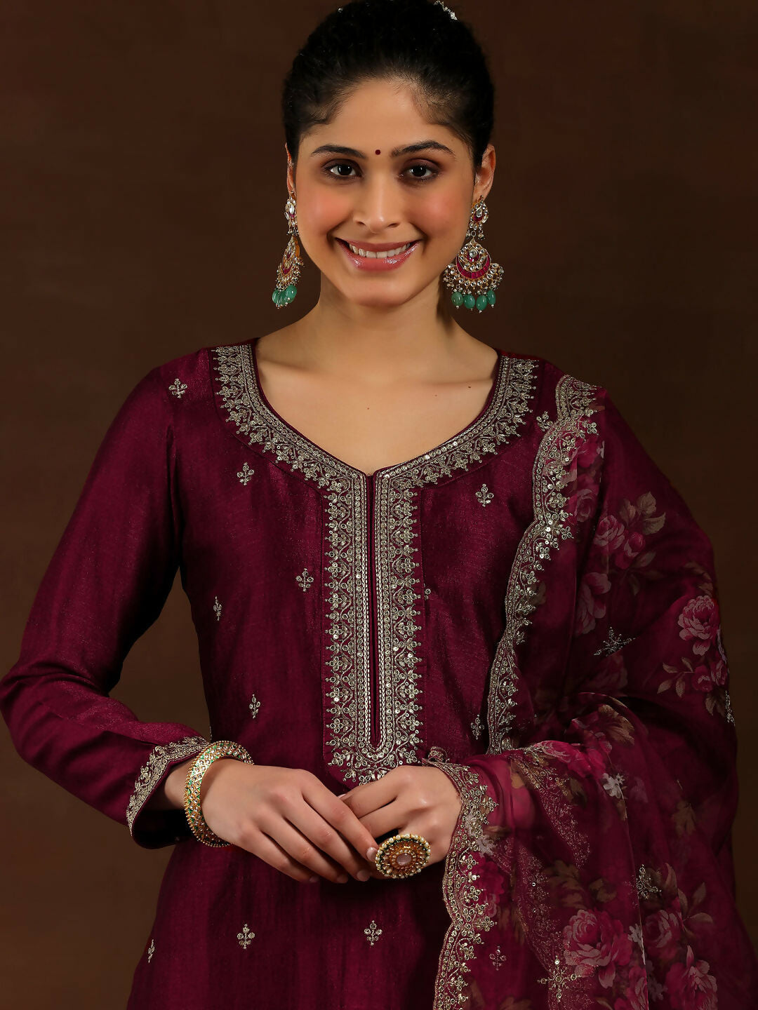 Women's LB Maroon Embroidered Silk Blend Straight Suit With Dupatta