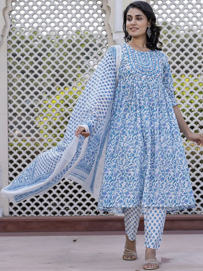 Dhiyona KL Floral Printed Mirror Work Anarkali Pure Cotton Kurta With Trousers & Dupatta