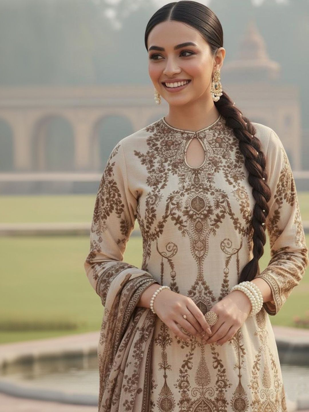 Dhiyona AN Floral Printed Keyhole Neck Straight Cotton Silk Kurta With Sharara & Dupatta