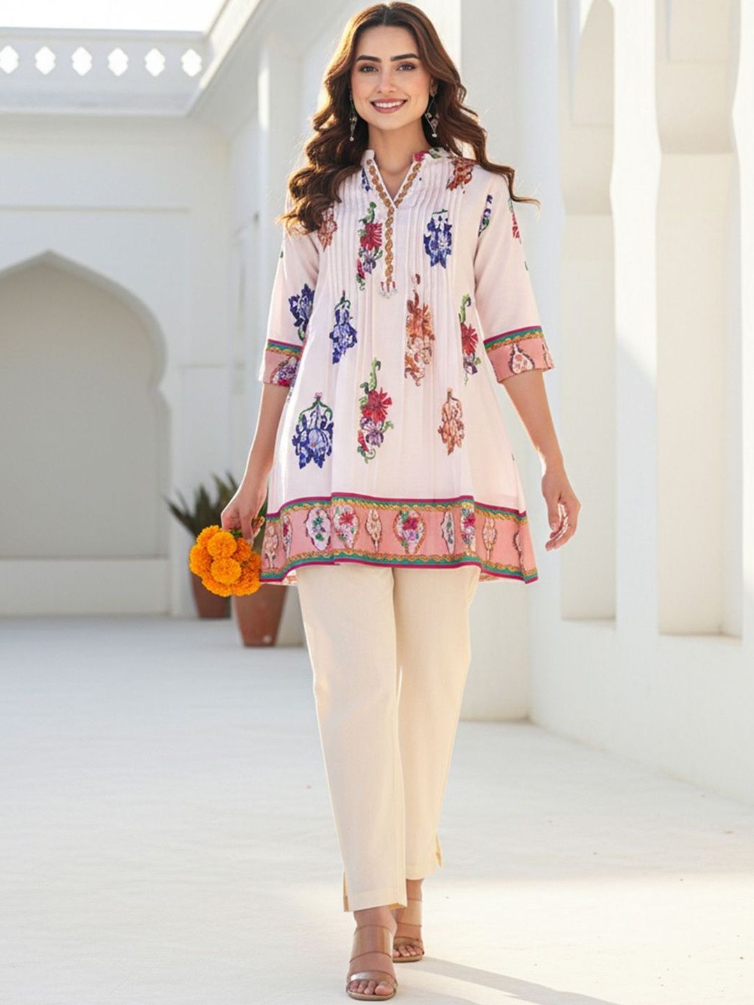 Dhiyona IE Floral Printed Pleated Pure Cotton Mandarin Collar Kurta With Trouser