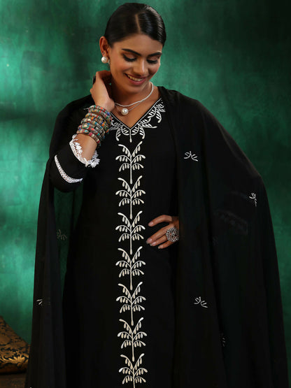 Women's LB Black Embroidered Cotton Straight Suit With Dupatta