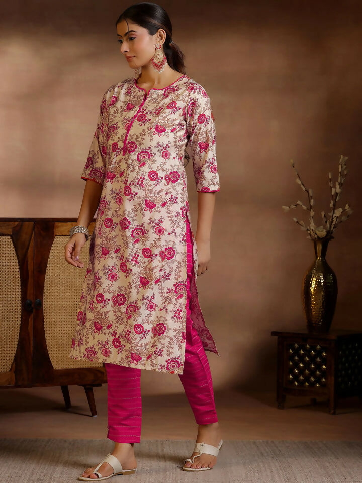 Women's LB Pink Printed Silk Blend Straight Suits With Dupatta