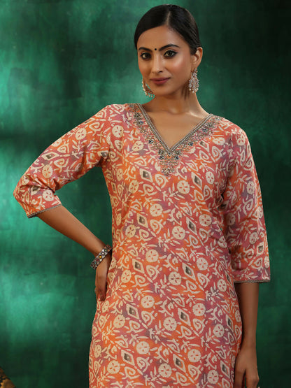 Women's LB Peach Printed Silk Blend Straight Suit With Dupatta