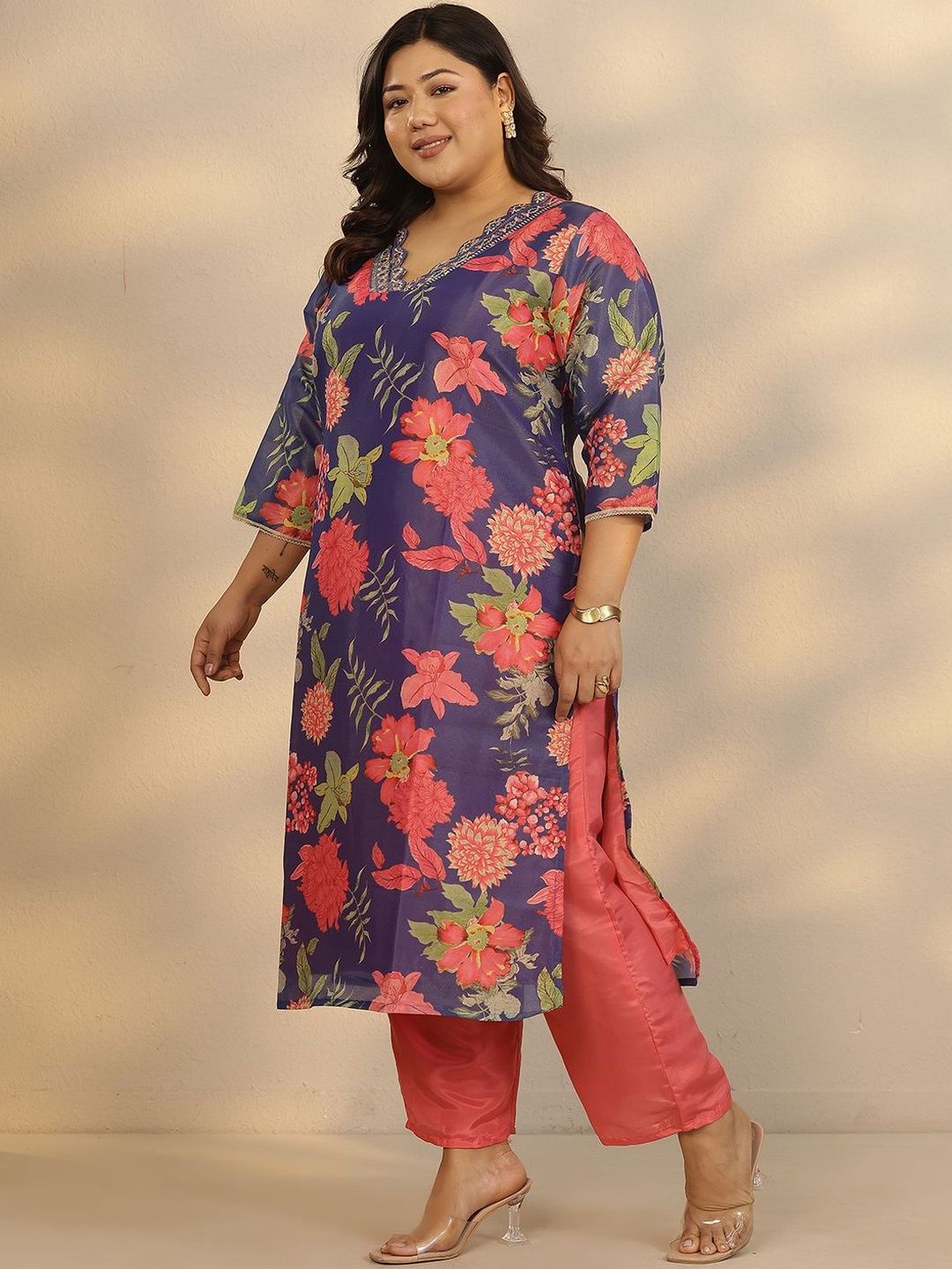 Dhiyona Women's Plus Size Floral Printed Kurta with Trousers & Dupatta