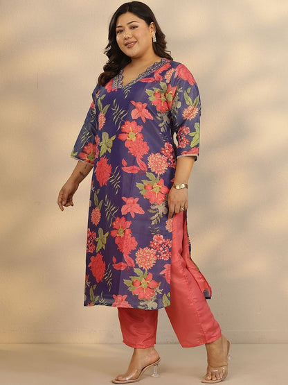 Dhiyona Women's Plus Size Floral Printed Kurta with Trousers & Dupatta