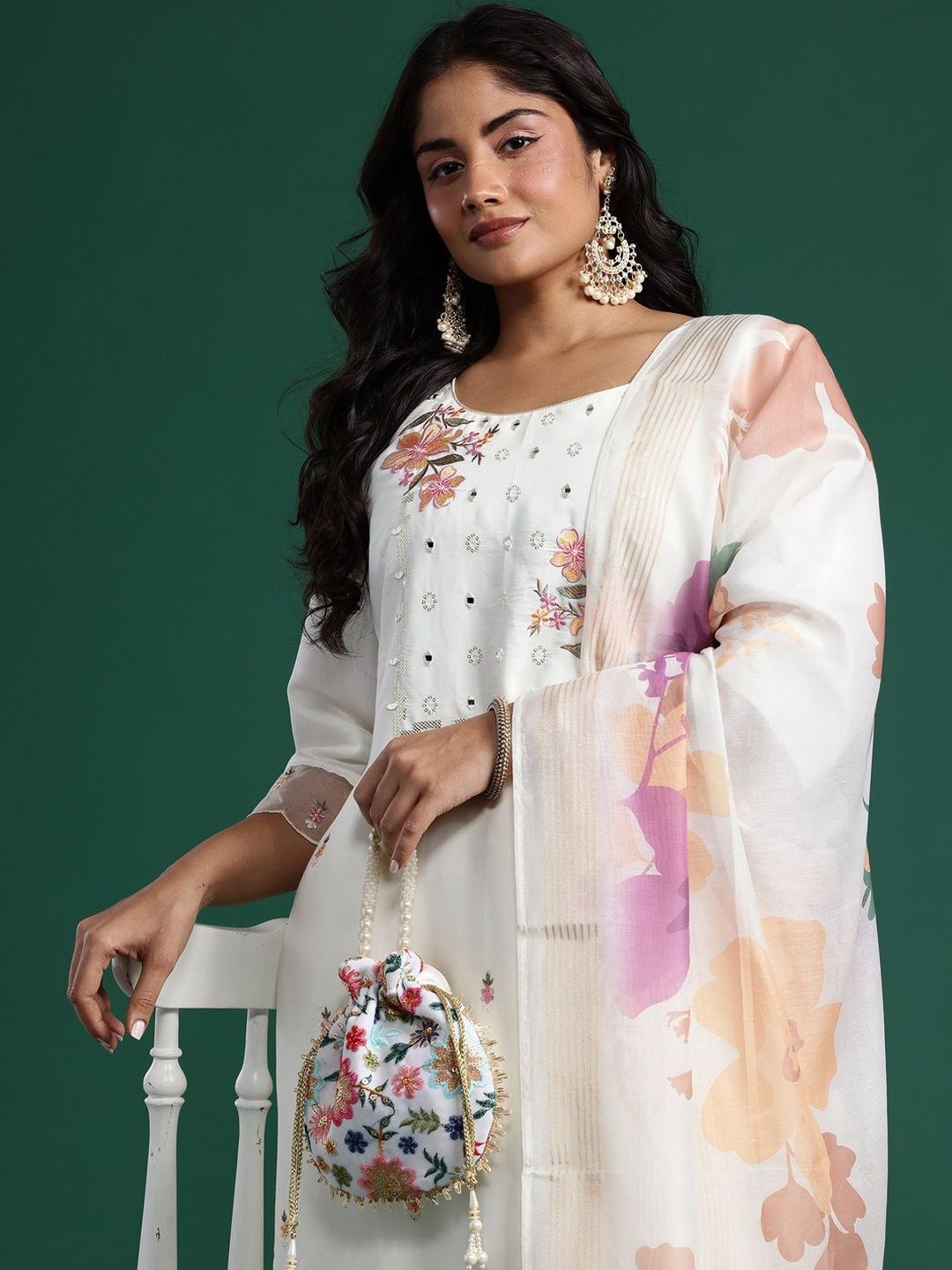 Dhiyona Women's Floral Embroidered Regular Mirror Work Kurta with Trousers & With Dupatta
