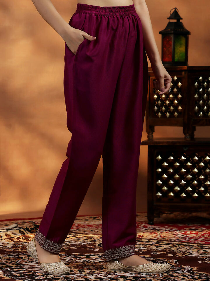 Women's LB Maroon Yoke Design Silk Blend A-Line Kurta With Palazzos & Dupatta