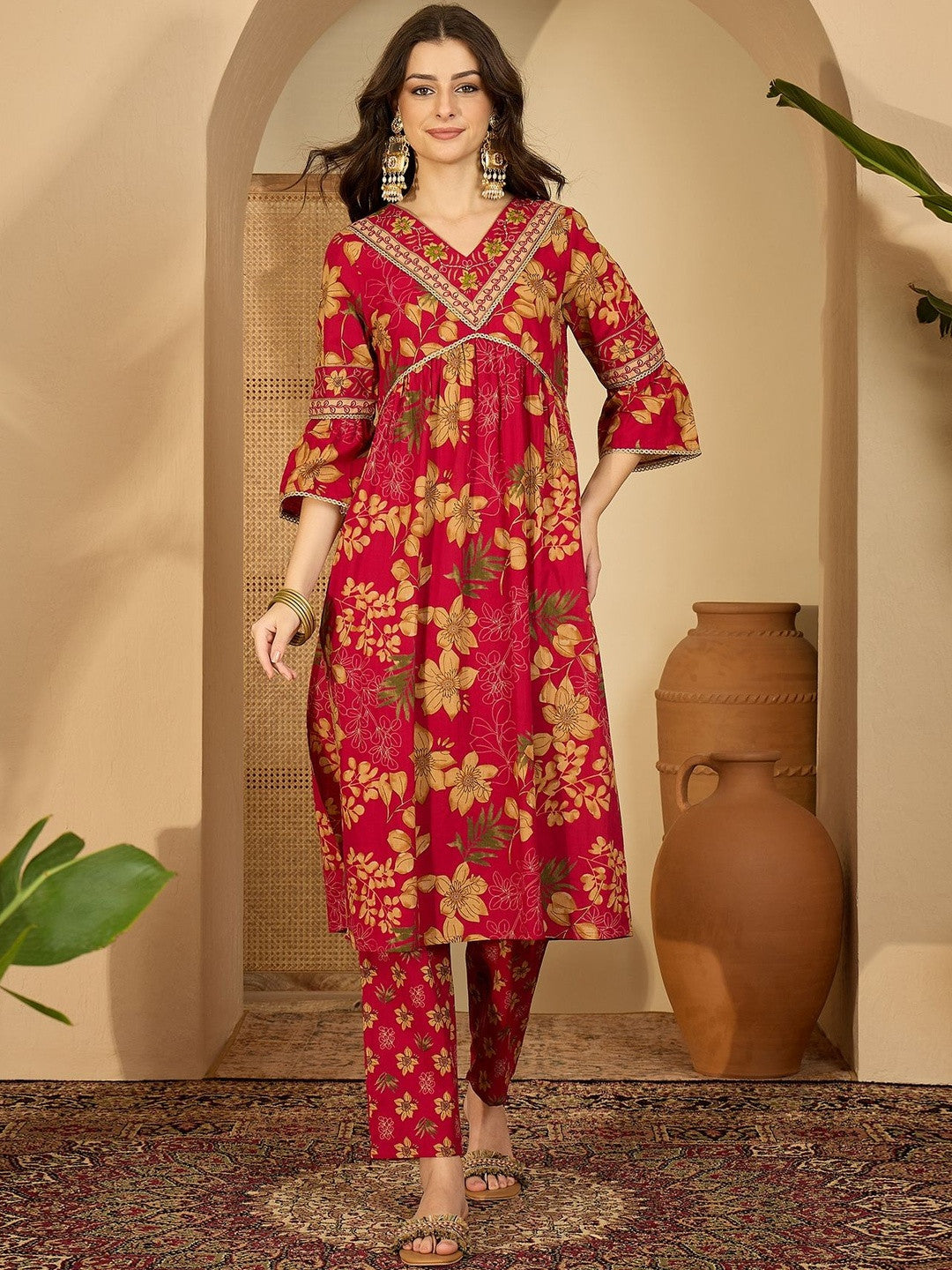 Women Printed Angrakha Thread Work Pure Cotton Kurta with Trousers & Dupatta