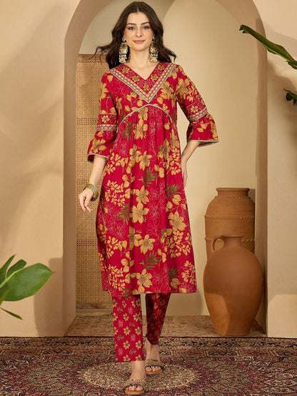 Women Printed Angrakha Thread Work Pure Cotton Kurta with Trousers & Dupatta