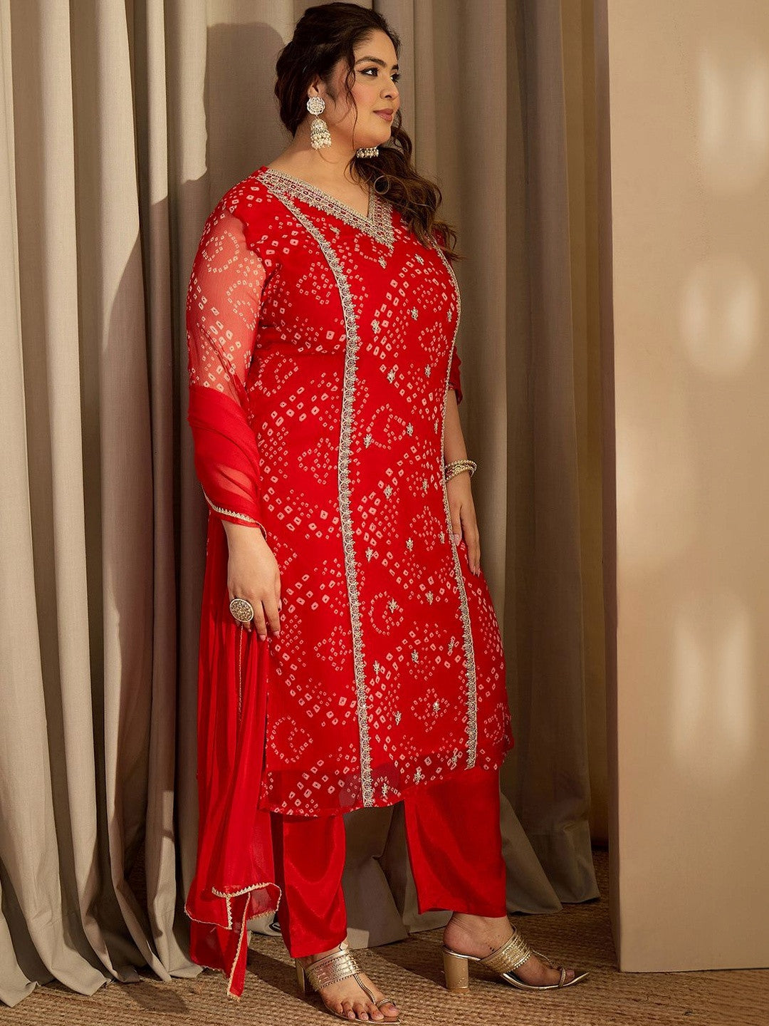 Plus Size Red Embroidered Straight Kurta Trousers With Dupatta Set